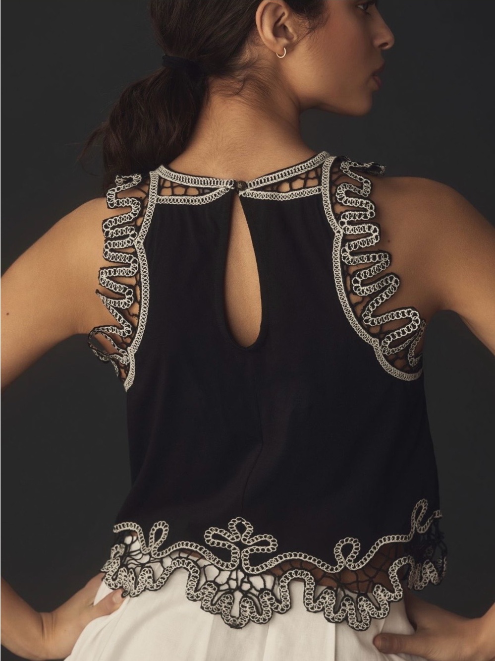 Anthropologie Black Top with White Crochet Trim - Picture 2 of 8
